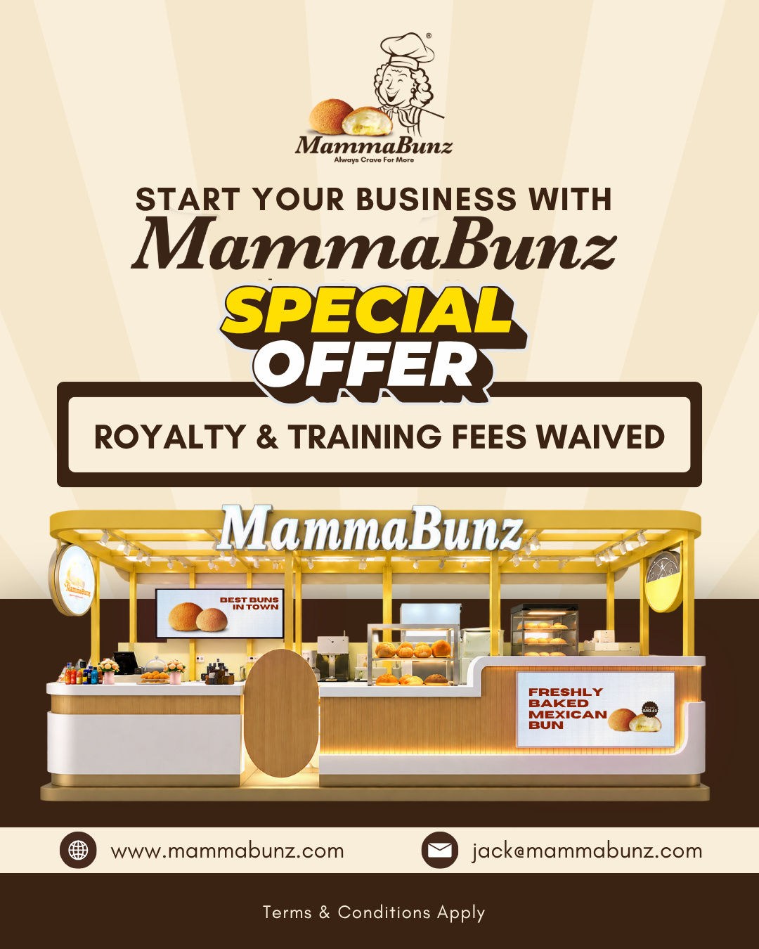 Franchise ad: 'Special offer: royalty and training fees waived', above the bun kiosk (slide 2 of 3)