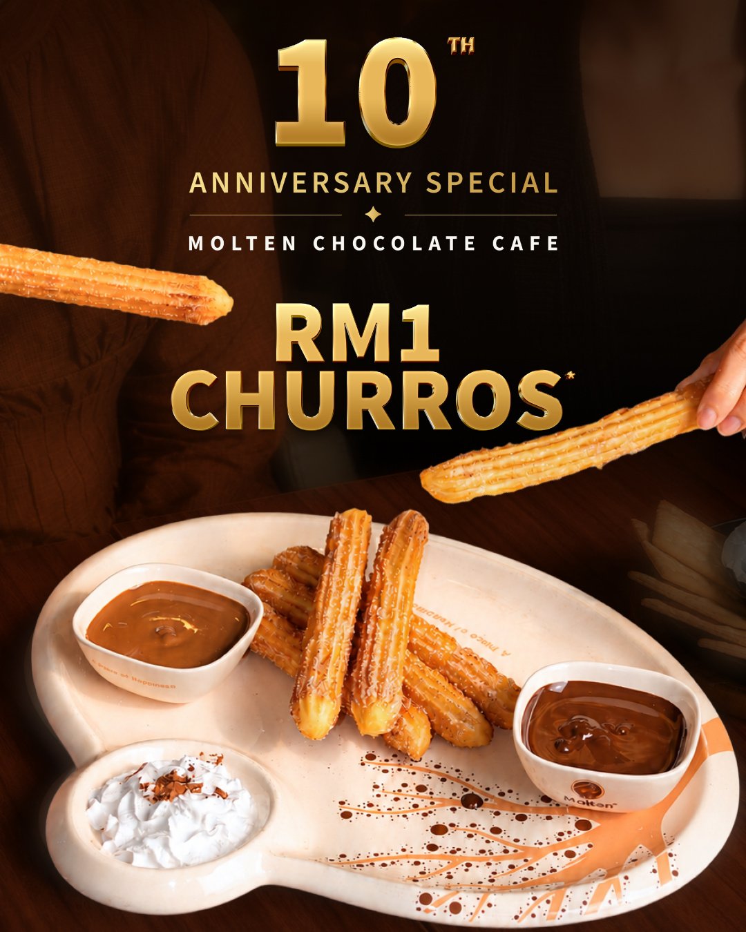 Anniversary poster for 'RM1 Churros' with a plate of churros and chocolate dips, with the text '10th Anniversary Special' (slide 1 of 2)