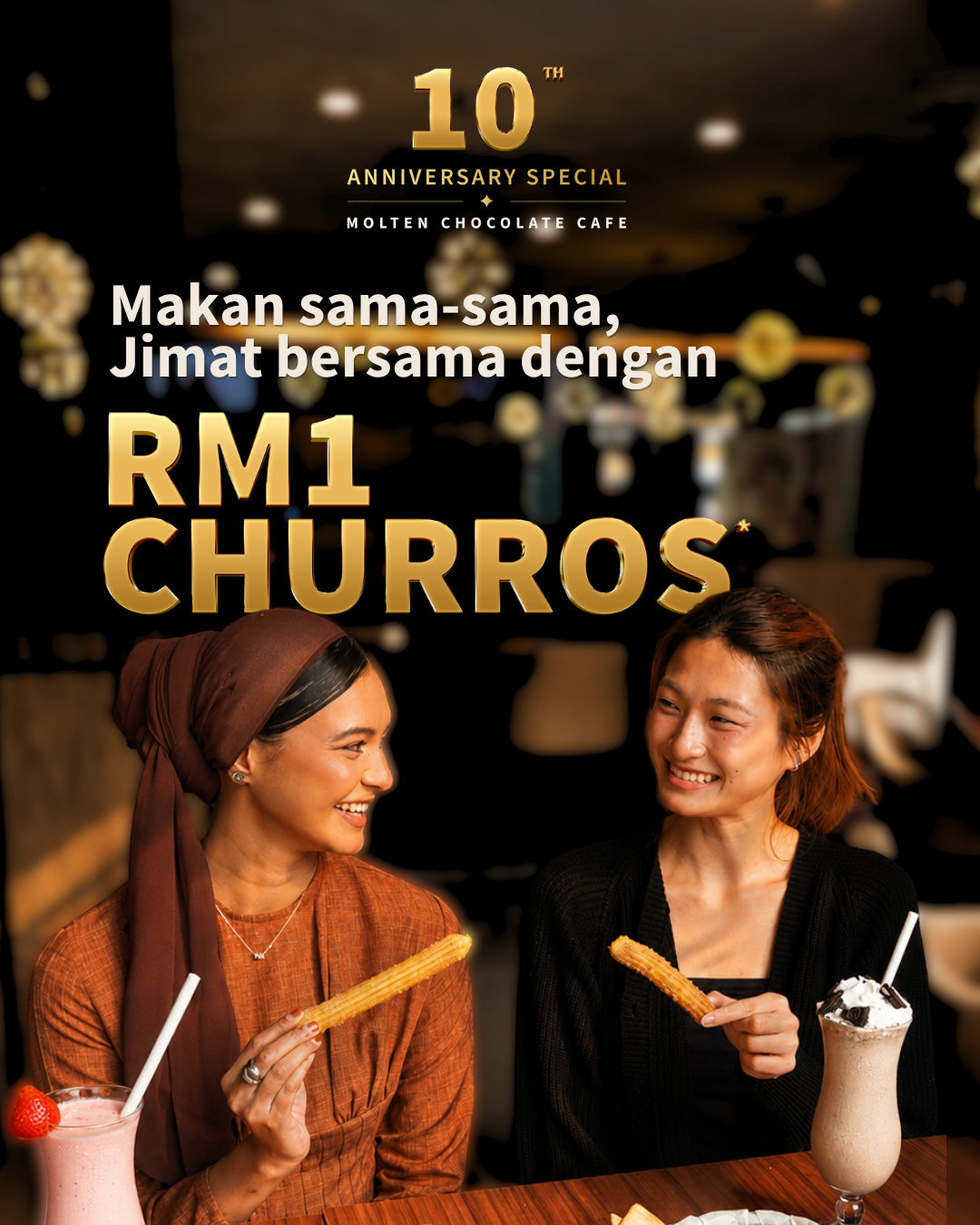 Two smiling women sharing churros and milkshakes at a cafe table, with the text 'Makan sama-sama, jimat bersama dengan RM1 churros' (slide 2 of 2)