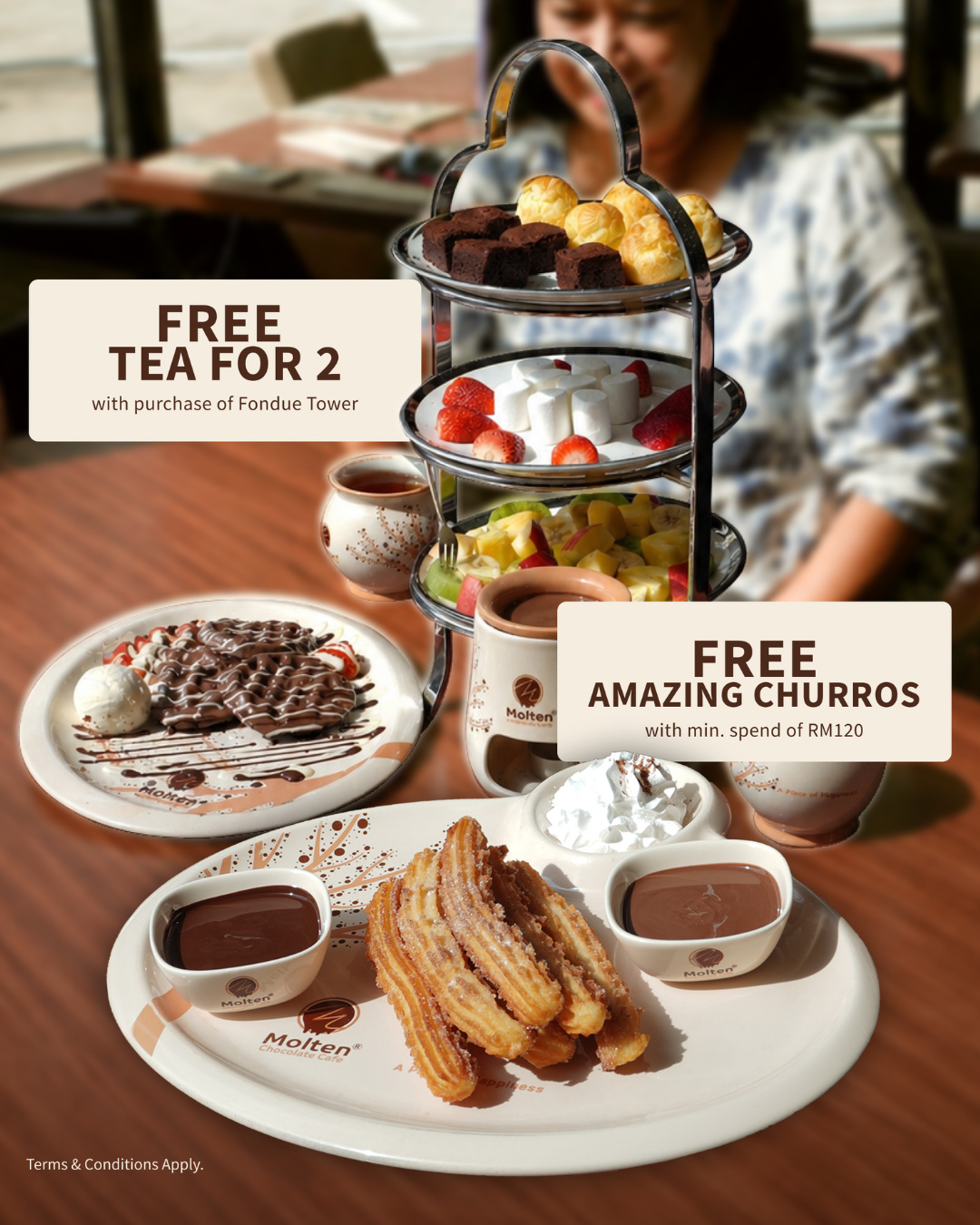 Promo slide showing a fondue tower, a waffle and a churros plate, with two offers: free tea for 2 with a Fondue Tower and free churros with a minimum spend (slide 2 of 3)