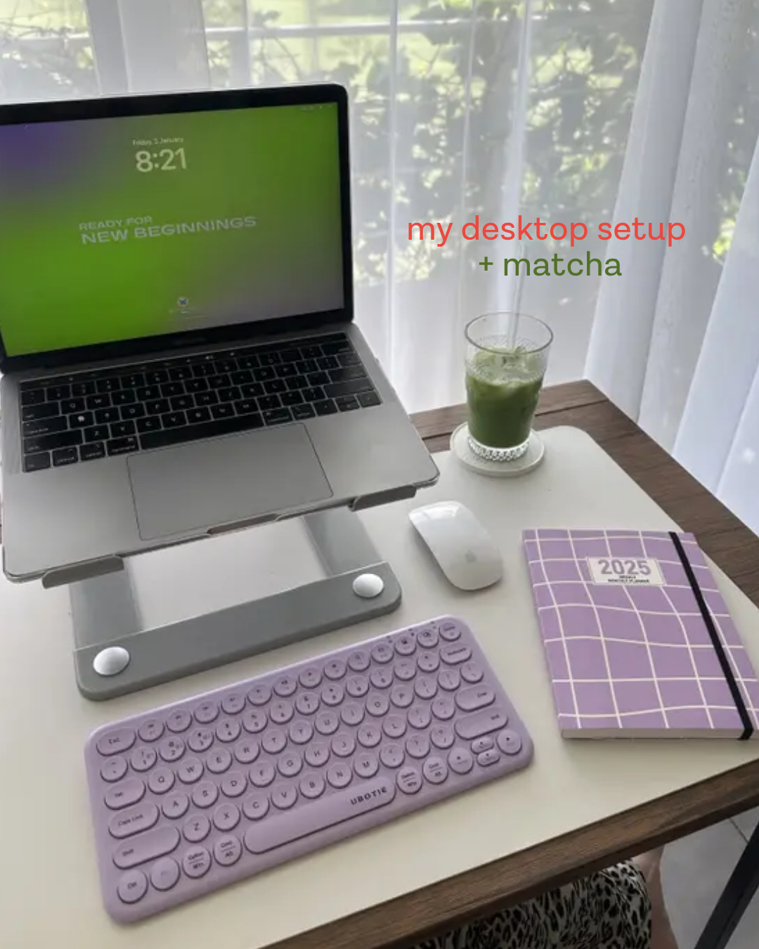 Slide captioned 'my desktop setup + matcha', showing a laptop on a stand, a lilac keyboard, a planner and an iced matcha (slide 3 of 4)