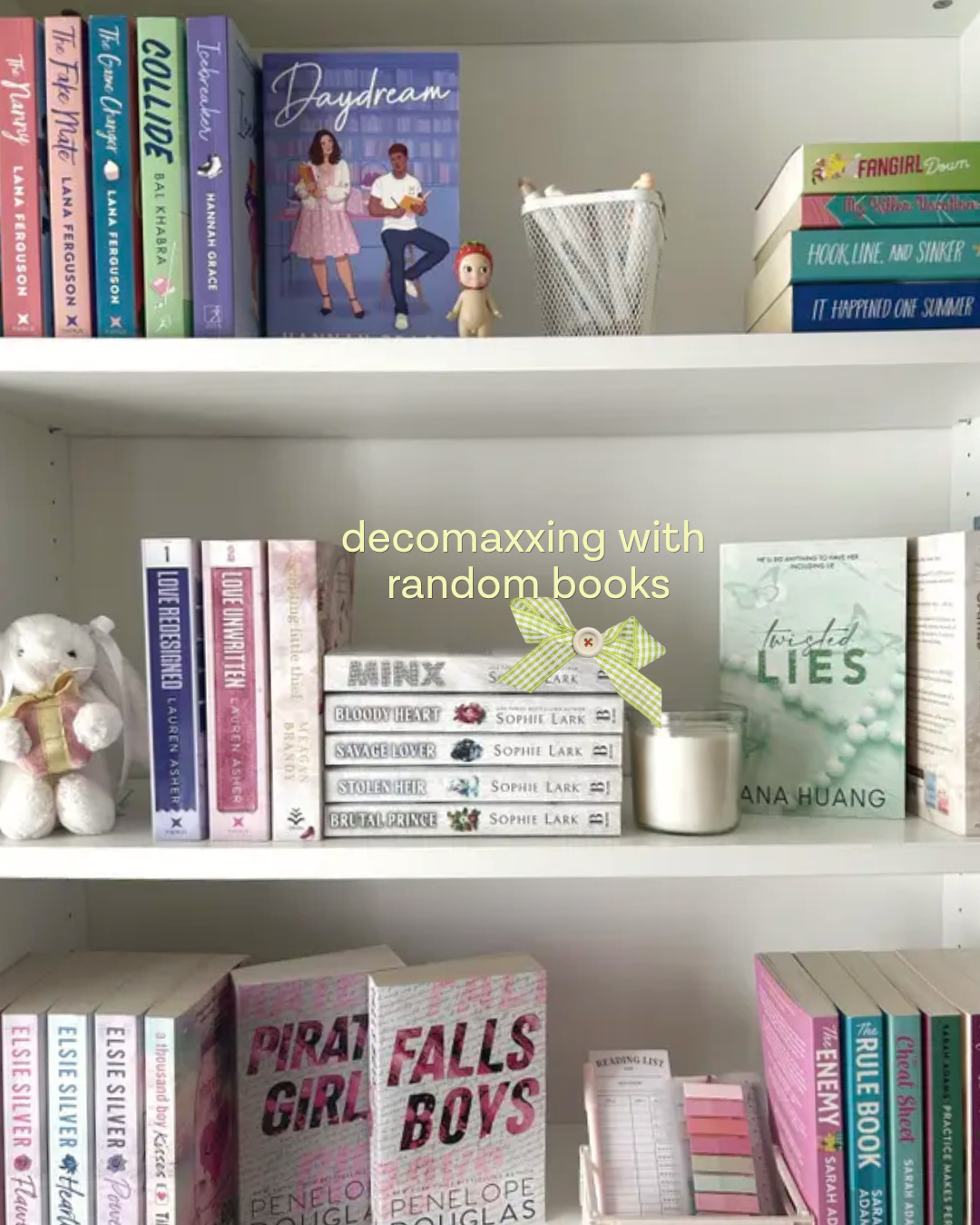 Slide captioned 'decomaxxing with random books', showing white shelves of colorful paperbacks and small decor (slide 4 of 4)