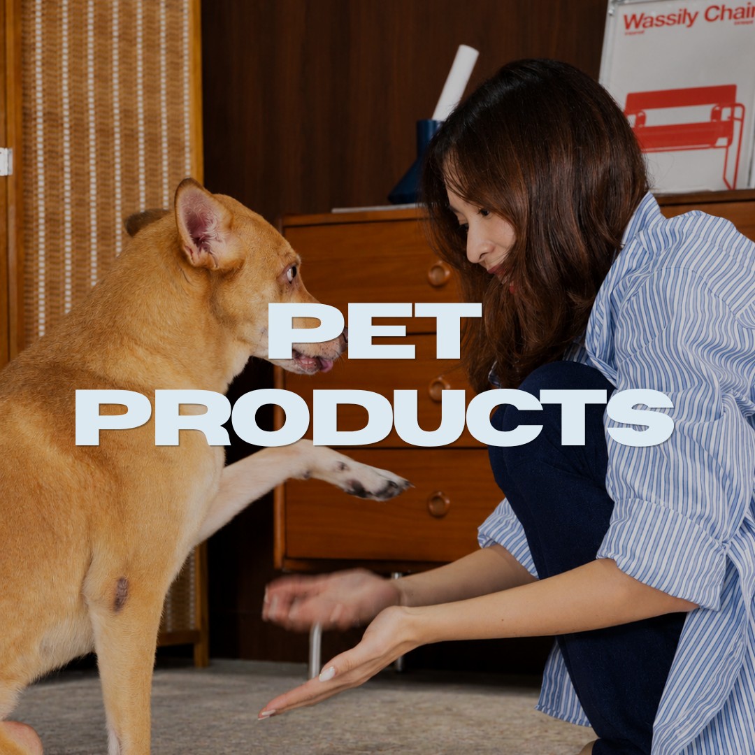 Pet Products: a woman crouching to shake paws with a tan dog, with the title 'Pet Products'