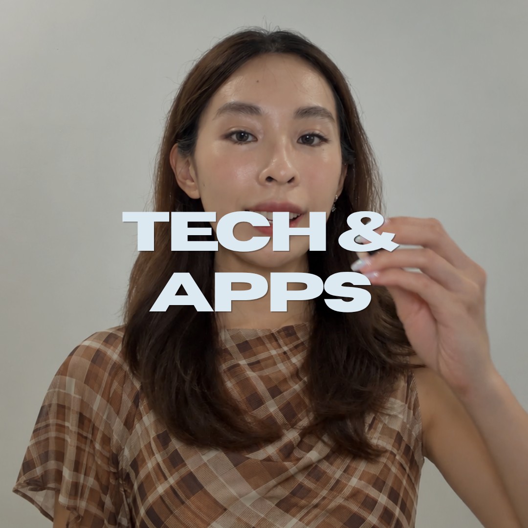 Tech & Apps: a woman in a brown plaid top speaking to camera with one hand raised, with the title 'Tech & Apps'